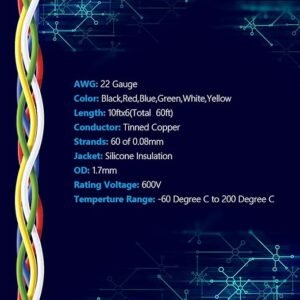 Fermerry 22 AWG Stranded Wire Spool 10ft Each 6 Colors Flexible 22 Gauge Silicone Hook up Wire Kit Electrical Tinned Copper Wire