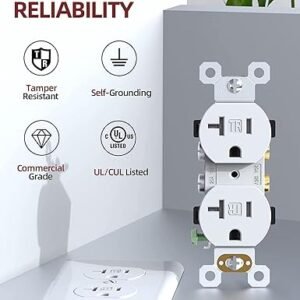 AIDA 𝟮𝟬 𝗔𝗺𝗽𝘀 Outlets Duplex Electrical Receptacle Outlets,Tamper Resistant,Heavy-Duty Receptacle Wall Outlet,Residential,2-Pole,3-Wire, Self-Grounding Clip, NEMA 5-20R,UL Listed 20 Pack, White