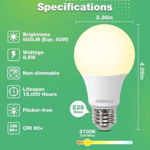 A19 LED Light Bulbs, 60 Watt Equivalent LED Bulbs, Soft White 2700K, 800 Lumens, E26 Standard Base, Non-Dimmable, 8.5W Warm White LED Bulbs for Bedroom Living Room, 3 Pack