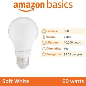 Amazon Basics A19 LED Light Bulbs, 60 Watt Equivalent, Energy Efficient 9W, E26 Standard Base, Soft White 2700K, Dimmable, 10,000 Hour Lifetime , 6-Pack
