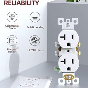 AIDA 20 Amps Outlets Duplex Electrical Receptacle Outlets, Electrical Outlet, 20Amp 125V Heavy-Duty Wall Outlet, Residential, 3-Wire, Self-Grounding, UL Listed, Side Wire (20 Pack, White)
