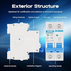DC Miniature Circuit Breaker, 500V 2 Pole 20 Amp Isolator for Solar PV System, Thermal Magnetic Trip DIN Rail Mount, C20 DC Disconnect Switch