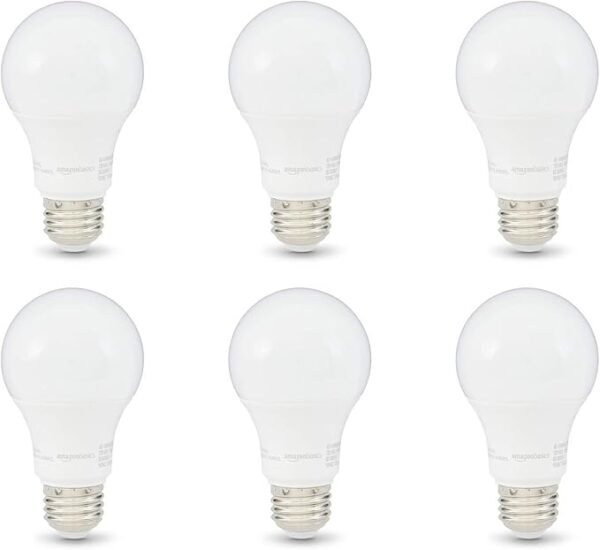 Amazon Basics A19 LED Light Bulbs, 60 Watt Equivalent, Energy Efficient 9W, E26 Standard Base, Soft White 2700K, Dimmable, 10,000 Hour Lifetime , 6-Pack