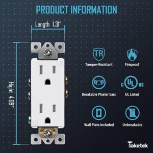 Decorator Receptacle Outlet,Wall Outlet with Wall Plate, Tamper-Resistant Electrical Outlet, Residential Grade, 3-Wire, 15A 125V, Self-Grounding, 2-Pole, UL Listed, White (20 Pack)