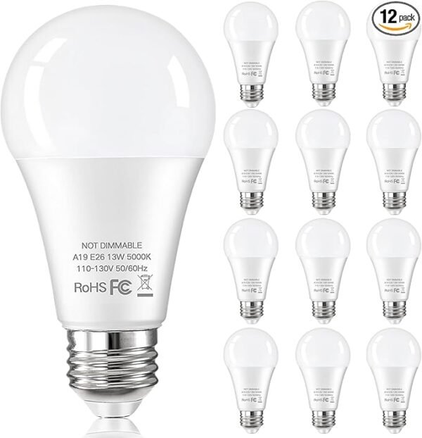 12-Pack A19 LED Light Bulbs 100 Watt Equivalent, 13W 1500 Lumens Super Bright 5000K Daylight White LED Bulbs, Standard E26 Medium Screw Base Light Bulb, No Flicker, CRI90+, Non-Dimmable