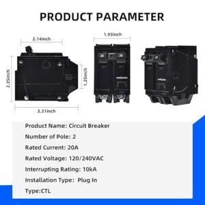 20 Amp Breaker, CNAODUN 2 Pole Circuit Breaker 120/240VAC 10KA Plug-in Mount