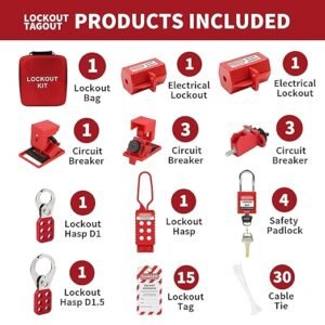 Lockout Tagout Kit Safety Plug Clamp-On Circuit Brekaer Electrical Loto Group Hasps Universal Multi- Pole Breaker Each Red Padlock with 2 Differ Key Tagout Tags Bag
