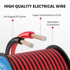 NAOEVO 18 Gauge Wire 200FT, 2 Conductors Electrical Wire Red Black Cable, Flexible/Low Voltage/PVC 18 AWG Copper Clad Aluminum Extension Cord for Speaker, LED Strips, Automotive 12V/24V DC