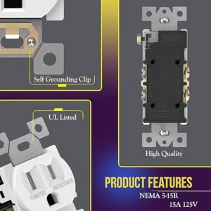 ENERLITES Duplex Receptacle Outlet, Tamper-Resistant Electrical Wall Outlets, Residential Grade, 3-Wire, Self-Grounding, 2-Pole,15A 125V, UL Listed, 61580-TR-W-10PCS, White (10 Pack)