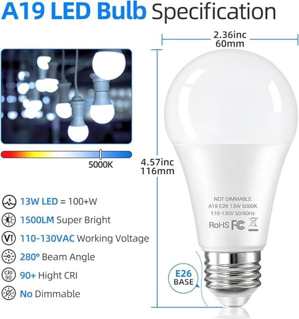 12-Pack A19 LED Light Bulbs 100 Watt Equivalent, 13W 1500 Lumens Super Bright 5000K Daylight White LED Bulbs, Standard E26 Medium Screw Base Light Bulb, No Flicker, CRI90+, Non-Dimmable - Image 2