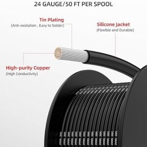 NAOEVO 24 Gauge Wire 300ft, 24 AWG Wire 6 Colors 50ft Each Spool, Flexible Silicone Tinned Copper Electrical Cable, Wiring kit for Breadboard/Automotive/DIY/Battery, 200℃ 12V