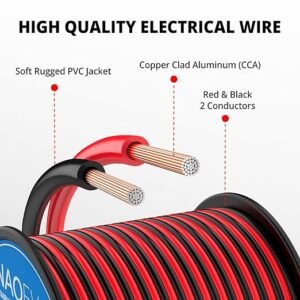 NAOEVO 10 Gauge Wire 200FT, 2 Conductors Electrical Wire Red Black Cable, Flexible/Low Voltage/PVC 10 AWG Copper Clad Aluminum Extension Cord for Speaker, LED Strips, Automotive 12V/24V DC
