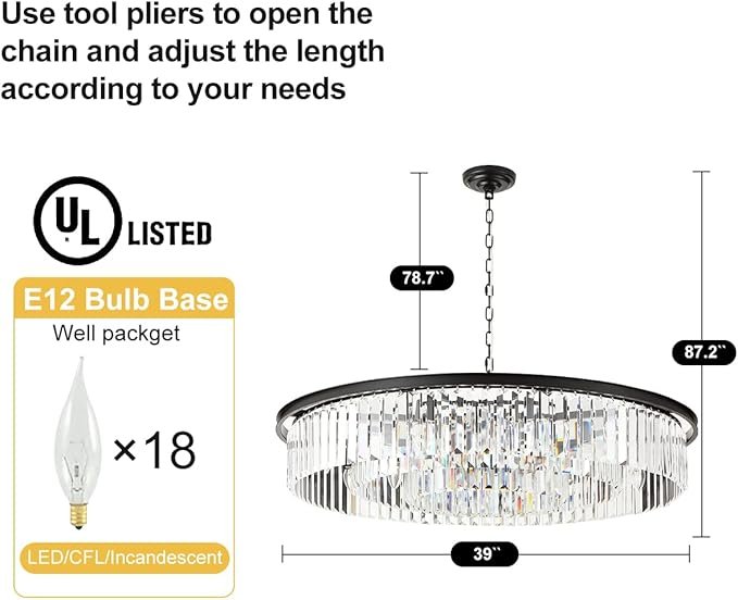Large Crystal Chandelier Modern Luxury Black 39 inch Pendant Ceiling Lights Fixture for Dining Living Room 18-Lights 3-Tier Raindrop Chandeliers Lighting (Black, Dia 39 Inch) - Image 3