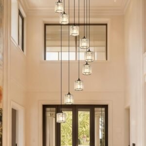 Long Chandeliers for High Ceilings,Modern Crystal Pendant Light,Raindrop Drop Lamp,Hanging Flush Mount Lighting Fixtures for Spiral Staircase,Foyer,Entryway,Living Room,Black (9 Lights)