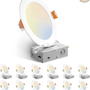 Amico 12 Pack 6 Inch 5CCT Ultra-Thin LED Recessed Ceiling Light with Junction Box, 1050LM Brightness, Dimmable Canless Wafer Downlight, 12W, ETL&FCC