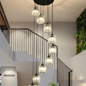 Long Chandeliers for High Ceilings,Modern Crystal Pendant Light,Raindrop Drop Lamp,Hanging Flush Mount Lighting Fixtures for Spiral Staircase,Foyer,Entryway,Living Room,Black (9 Lights)
