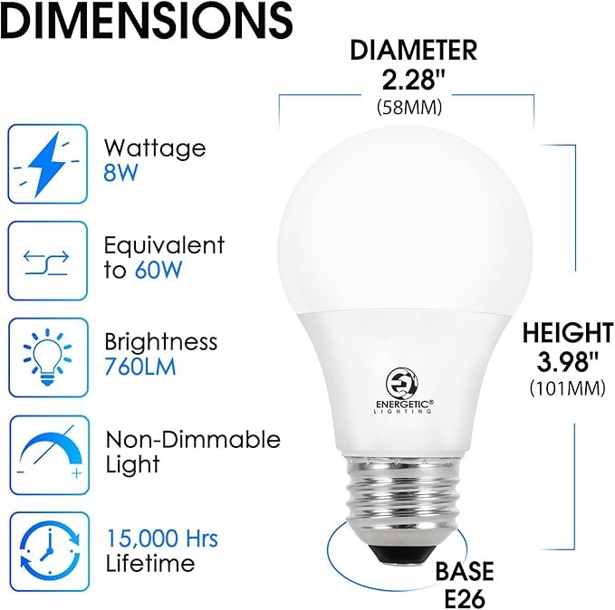 Energetic 24 Pack LED Light Bulbs 60 Watt Equivalent, A19 Warm White 3000K, E26 Base, Non-Dimmable, 8W 760lm, ETL Listed - Image 2