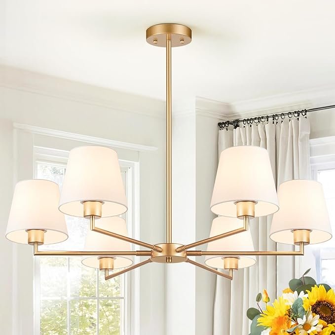 36\" Gold Dining Room Light Fixture, No Assembly Required 6-Lights Kitchen Chandelier for Dining Room with White Fabric Shade, Chandelier Ceiling Light Fixture for Kitchen Island Bulb Not Included