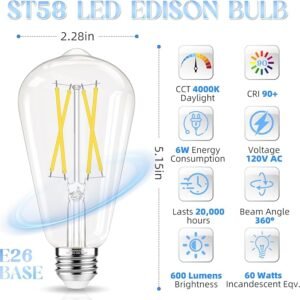 Edison Bulbs 60 watt Equivalent LED, E26 LED Bulb Non-Dimmable, 4000K Daylight White, ST58 Vintage Light Bulbs, 90+ CRI, 6W 600LM, E26 Medium Base, Clear Glass, 12 Pack