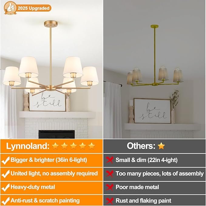 36\" Gold Dining Room Light Fixture, No Assembly Required 6-Lights Kitchen Chandelier for Dining Room with White Fabric Shade, Chandelier Ceiling Light Fixture for Kitchen Island Bulb Not Included - Image 2