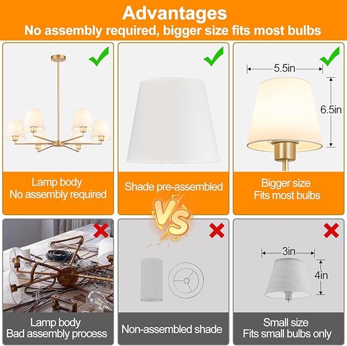 36\" Gold Dining Room Light Fixture, No Assembly Required 6-Lights Kitchen Chandelier for Dining Room with White Fabric Shade, Chandelier Ceiling Light Fixture for Kitchen Island Bulb Not Included - Image 5