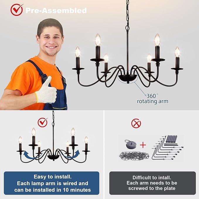 Depuley Farmhouse Chandelier for Dining Room: 6-Light Black Industrial Kitchen Island Pendant Light Fixture with 6 E12 Bulbs - Rustic Candle Chandeliers Vintage Modern Hanging Ceiling Lamp for Bedroom - Image 4