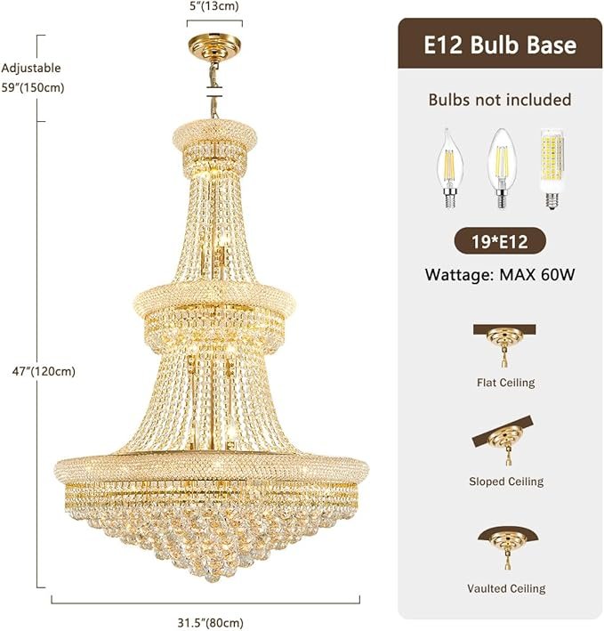 19-Lights High Ceiling Chandelier Modern Gold Crystal Chandeliers Large Foyer Chandelier Fixtures for Staircase Living Room Hallway Entryway (H47 x W31.5) - Image 3