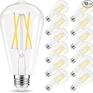 Edison Bulbs 60 watt Equivalent LED, E26 LED Bulb Non-Dimmable, 4000K Daylight White, ST58 Vintage Light Bulbs, 90+ CRI, 6W 600LM, E26 Medium Base, Clear Glass, 12 Pack