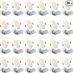 Amico 24 Pack 6 Inch 5CCT Ultra-Thin LED Recessed Ceiling Light with Junction Box, 1050LM Brightness, Dimmable Canless Wafer Downlight, 12W, ETL&FCC