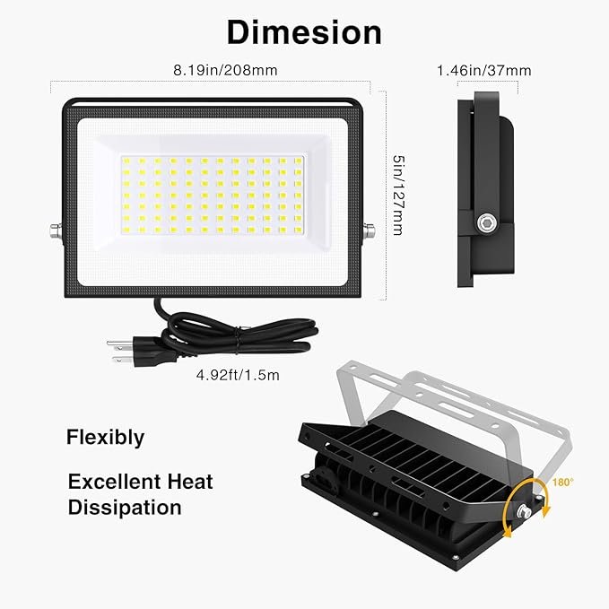 Onforu 80W Flood Lights Outdoor, 8000lm Bright LED Work Light with Plug, 6500K Daylight White LED Flood Lighting, IP66 Waterproof Security Yard Lights for Garage Stadium 2 Pack - Image 6