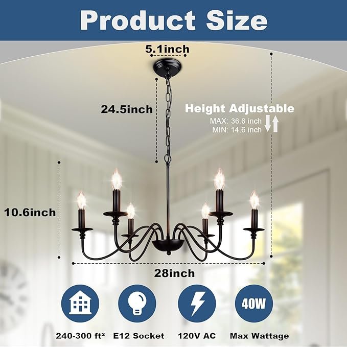 Depuley Farmhouse Chandelier for Dining Room: 6-Light Black Industrial Kitchen Island Pendant Light Fixture with 6 E12 Bulbs - Rustic Candle Chandeliers Vintage Modern Hanging Ceiling Lamp for Bedroom - Image 6