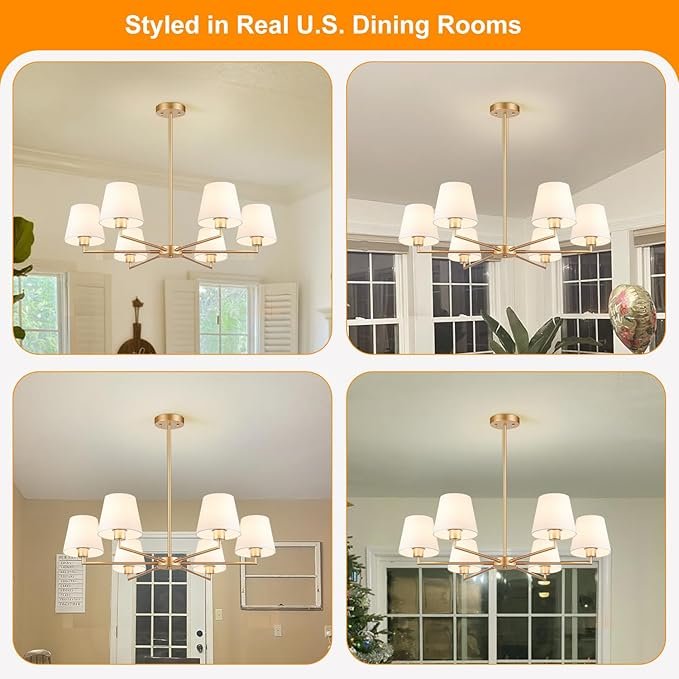 36\" Gold Dining Room Light Fixture, No Assembly Required 6-Lights Kitchen Chandelier for Dining Room with White Fabric Shade, Chandelier Ceiling Light Fixture for Kitchen Island Bulb Not Included - Image 3