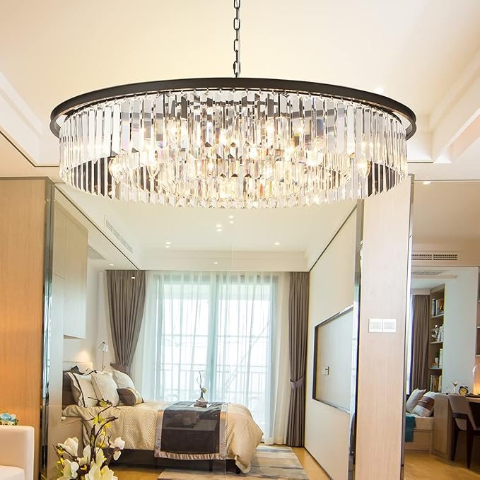 Large Crystal Chandelier Modern Luxury Black 39 inch Pendant Ceiling Lights Fixture for Dining Living Room 18-Lights 3-Tier Raindrop Chandeliers Lighting (Black, Dia 39 Inch)