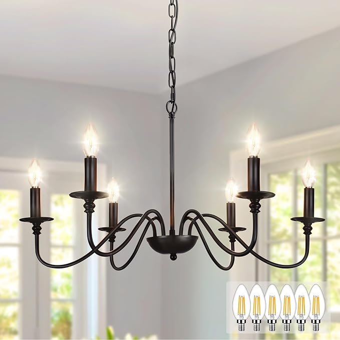 Depuley Farmhouse Chandelier for Dining Room: 6-Light Black Industrial Kitchen Island Pendant Light Fixture with 6 E12 Bulbs - Rustic Candle Chandeliers Vintage Modern Hanging Ceiling Lamp for Bedroom