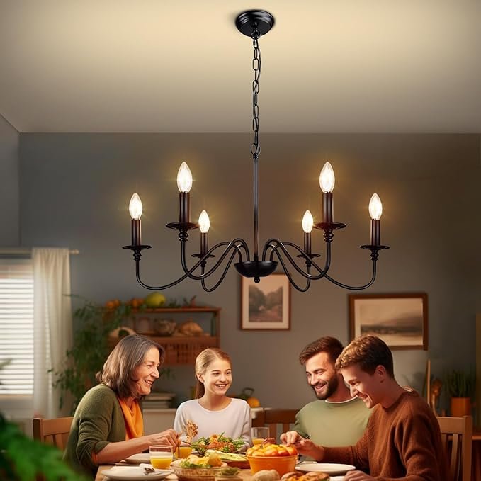 Depuley Farmhouse Chandelier for Dining Room: 6-Light Black Industrial Kitchen Island Pendant Light Fixture with 6 E12 Bulbs - Rustic Candle Chandeliers Vintage Modern Hanging Ceiling Lamp for Bedroom - Image 2