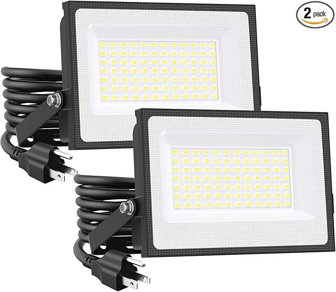 Onforu 80W Flood Lights Outdoor, 8000lm Bright LED Work Light with Plug, 6500K Daylight White LED Flood Lighting, IP66 Waterproof Security Yard Lights for Garage Stadium 2 Pack