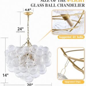 Nordic Bubble Ball Swirled Glass Chandelier, Dia 20 inch Gild Gold and Clear Blown Glass Small Pendant Light Fixture for Bedroom Study Restaurant