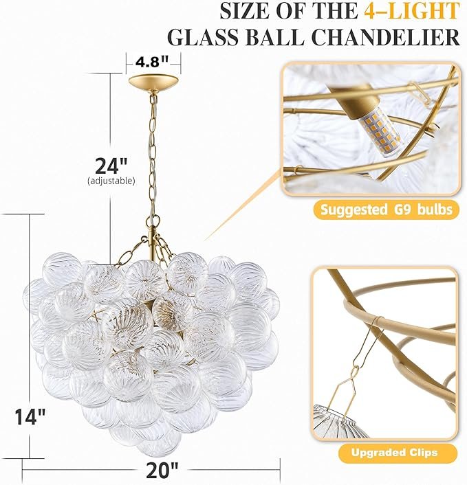 Nordic Bubble Ball Swirled Glass Chandelier, Dia 20 inch Gild Gold and Clear Blown Glass Small Pendant Light Fixture for Bedroom Study Restaurant - Image 2