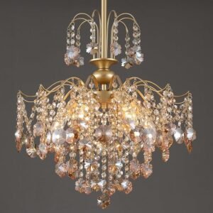 Q&S Modern Gold Crystal Chandelier Amber Crystal Pendant Light 6 Lights for Bedroom Dining Room Entryway Hallway Office Bathroom UL Listed