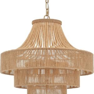 Wood Beaded Rattan Chandelier Boho Hand Woven Pendant Light 6-Lights Adjustable Coastal Pendant Lighting Fixtures for Dining Living Room Kitchen Hallway, Dia 20”, UL Listed