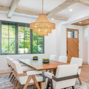 Wood Beaded Rattan Chandelier Boho Hand Woven Pendant Light 6-Lights Adjustable Coastal Pendant Lighting Fixtures for Dining Living Room Kitchen Hallway, Dia 20”, UL Listed